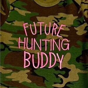 Camouflage Baby Onesie with Pink Lettering